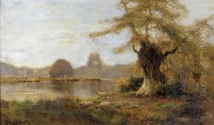 Weidende Rinder Und Schafe In Herbstlicher Flusslandschaft by Alfred Fontville de Breanski Jr