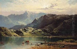 Cattle Watering At The Edge Of A Loch, Late Afternoon by Alfred Fontville de Breanski Jr