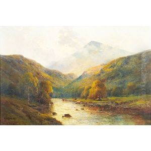 High Landscape With Cattle Watering by Alfred Fontville de Breanski Jr