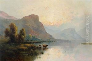 Scottish Loch Scene At Sunset, With Highland Cattle In The Foreground