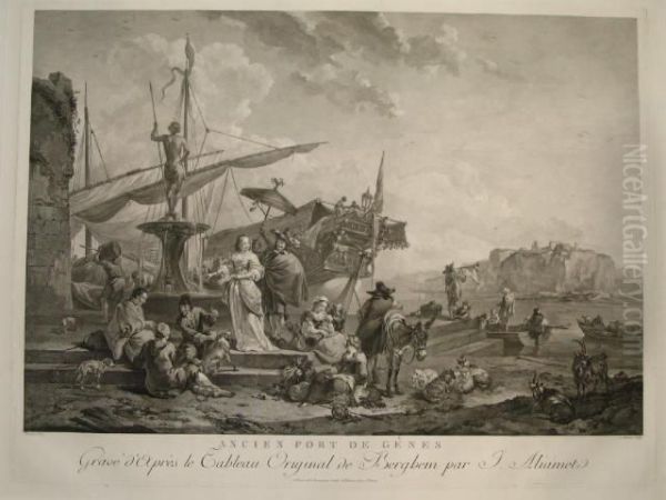 Le Port De Genes. Kupferstich Nach N. Berchem. 43,7:62cm. Reichausstaffierte Hafenszene. (135) In Passepartout Aufgelegt - view 1