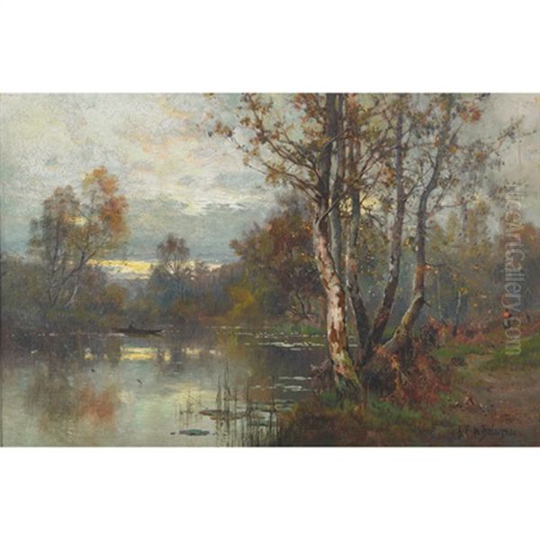 A Quiet River View With Boatman And Figure On Shore - view 1