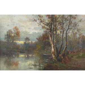 A Quiet River View With Boatman And Figure On Shore