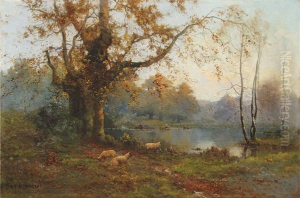 Sheep Grazing By Lake - view 1