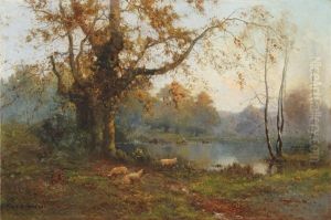 Sheep Grazing By Lake by Alfred Fontville de Breanski Jr