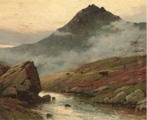A Drover And His Cattle Beside A Highland Stream With Mountains Beyond by Alfred Fontville de Breanski Jr
