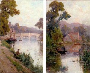 A Fisherman On The Bank Of The Thames With Richmond Bridge Beyond by Alfred Fontville de Breanski Jr
