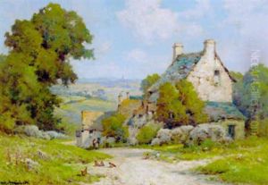 Figures Before A Cottage In An Extensive Landscape by Alfred Fontville de Breanski Jr