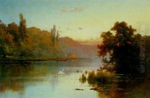 A River Landscape With Dusk At Hineham-on-thames by Alfred Fontville de Breanski Jr