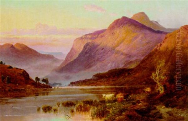 Highland Cattle Watering In A Loch Landscape - view 1