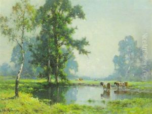 A View Of A Meadow With Cattle At A Pond In The Foreground by Alfred Fontville de Breanski Jr