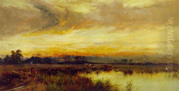 Figures On A Path And Cattle Watering In The Doone Valley - view 1