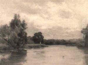 An Angler In A Wooded River Landscape by Alfred Fontville de Breanski Jr