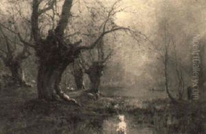 Sheep Grazing By A Moonlight Wooded Lake Sheep Grazing By A Moonlight Wooded Lake