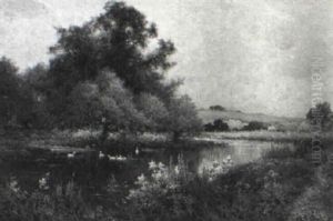 The Banks Of The Avon Near Salisbury/a Genre Scene With A Young Woman Feeding Ducks by Alfred Fontville de Breanski Jr