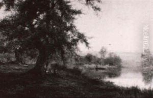 Evening River Landscape With Figures by Alfred Fontville de Breanski Jr