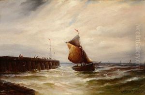 Fishing Boats Off A Pier by Gustave de Breanski