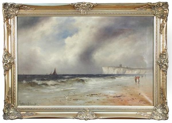 Figures On A Beach With Sailing Ships And Cliffs Beyond - view 1
