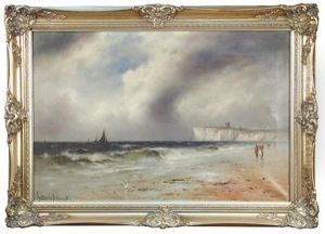 Figures On A Beach With Sailing Ships And Cliffs Beyond by Gustave de Breanski
