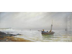 Figures In A Vessel In Calm Waters With Cliffs To The Distance, Signed Lower Right, Oil On Board. (+ A Pair Of Oils On Board Depicting Figures On A Beach.) by Gustave de Breanski