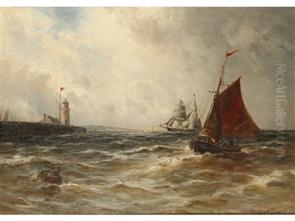 Sailing Boats Entering A Harbour, In A Choppy Sea - view 1