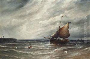 A Fishing Boat Running Into The Harbour At Newhaven And A Fishing Boat Tacking Inshore Off The Pier At Newhaven (pair) by Gustave de Breanski
