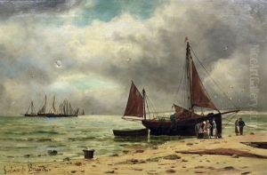 Moored Fishing Boat With Figures To Beach by Gustave de Breanski