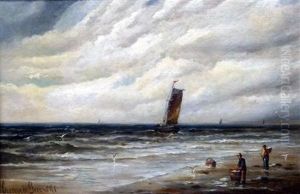 Seascape, Fishing Boats With Figures On Beach by Gustave de Breanski
