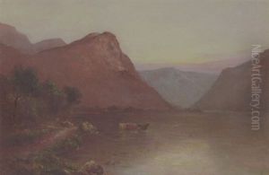 Bjerglandskab Med Koer, Der Vandes I En Flod. Aftenstemning Bjerglandskab Med Koer, Der Vandes I En Flod. Aftenstemning