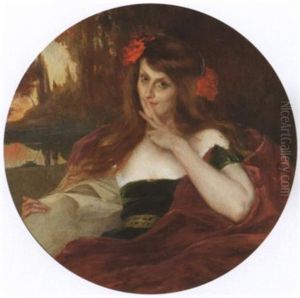Junge Lesende Schonheit Mit Blumen Im Haar. Landschaftshintergrund by Albert Breaute