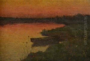 French River Landscape At Sunset With Punt
