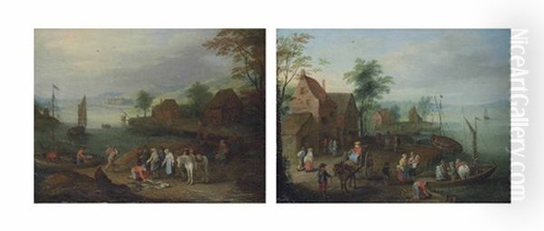A Village With A Horse-drawn Cart And Figures Embarking On A Ferry (+ A River Landscape With Fishermen Selling Their Catch Near A Village; Pair) - view 1