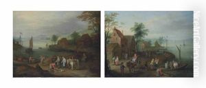 A Village With A Horse-drawn Cart And Figures Embarking On A Ferry (+ A River Landscape With Fishermen Selling Their Catch Near A Village; Pair)