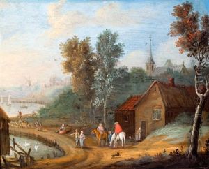 Wandelaars En Ruiters Aan Rivieroever Bij Een Stad by Jan Frans van Bredael the Elder