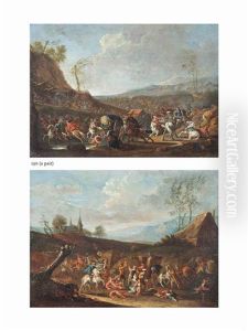 A Hilly Landscape With Carriages Being Ambushed On A Path, A Cottage And A Church Beyond And A Mountainous Landscape With Carts Being Ambushed (pair) by Jan Frans van Bredael the Elder