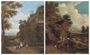 A Mountainous Landscape With Figures Conversing On A Track, A Village Beyond (+ A Mountainous Landscape With Figures Leading Horses On A Track...; 2 Works) by Jan Frans van Bredael the Elder