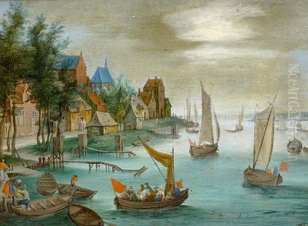 Figures Disembarking Boats Before A River Landscape - view 1