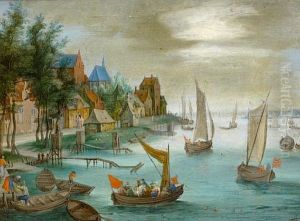 Figures Disembarking Boats Before A River Landscape