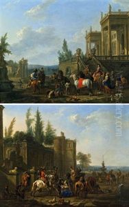 Aufbruch Zur Falkenjagd (+ Rast Einer Jagdgesellschaft Mit Hufschmied; Pair) by Jan Frans van Bredael the Elder