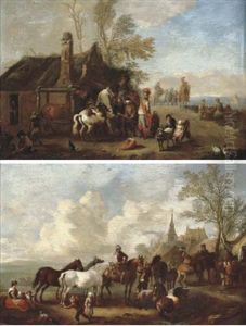 An Extensive Landscape With A Blacksmith And A Farrier And Horsemen On A Path (+ The Horse Fair At Valkenburg; Pair) An Extensive Landscape With A Blacksmith And A Farrier And Horsemen On A Path (+ The Horse Fair At Valkenburg; Pair)