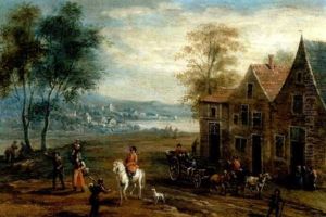 An Elegant Rider, A Wagon Drawn By Horses And Numerous Figures Outside A Country House, A Village Beside A Lake Beyond