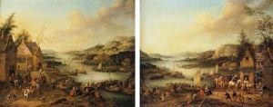 A River Landscape With Boats And A Coach Party Departing A River Landscape With Boats And A Coach Party Departing