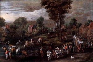 Vue De L'entree D'une Ville Flamande Avec Carrioles Et Paysans