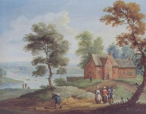 Flusslandschaft Mit Einem Bauernhaus Und Figuren Flusslandschaft Mit Einem Bauernhaus Und Figuren