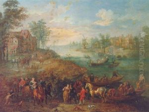 An Evening River Landscape With Numerous Figures On The Road And In Ferries, A Village And Estuary Beyond
