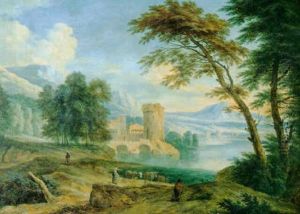 Paysage De Riviere Domine Par Une Tour Et Anime De Bergers