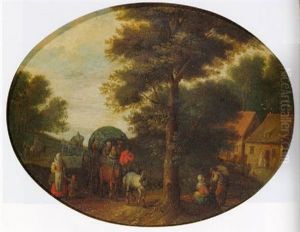 Travellers And Peasants By A Hamlet In A Landscape