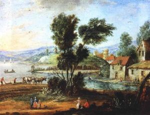 Landschaft Mit Windmuhlen Und Ein Dorf An Einem Flus by Jan Frans van Bredael the Elder