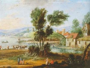 Landschaft Mit Windmuehlen Und Ein Dorf An Einem Fluss by Jan Frans van Bredael the Elder