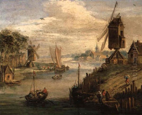 Fluslandschaft Mit Einer Windmuhle Und Booten - view 1
